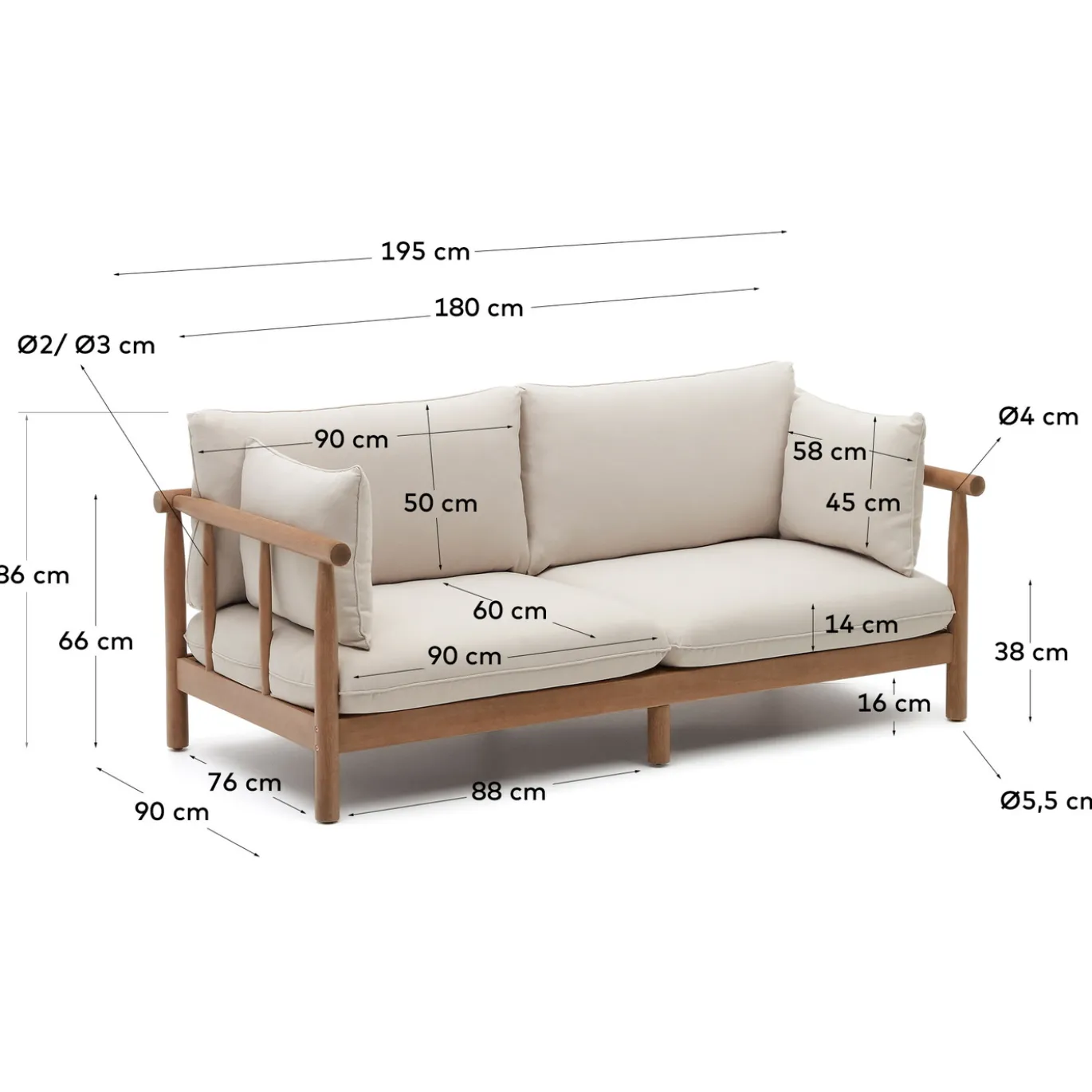 Kave Home 2-zitsbank Sacova Massief Eucalyptushout 195cm