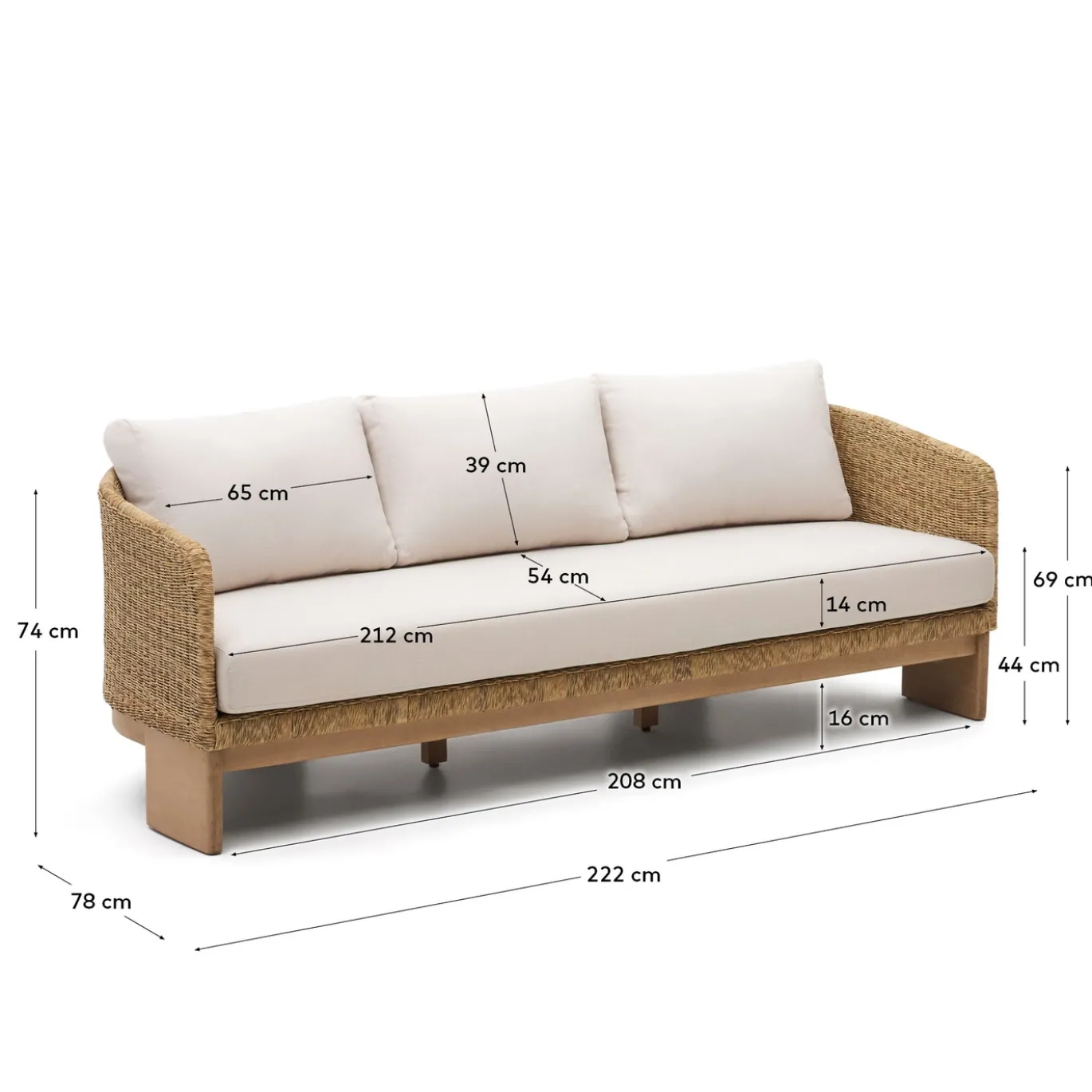 Kave Home 3-zitsbank Xoriguer Rotan en Massief Eucalyptushout 223cm