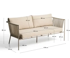 Kave Home 2-zitsbank Zivia Staal Taupe Touw Beige 178cm