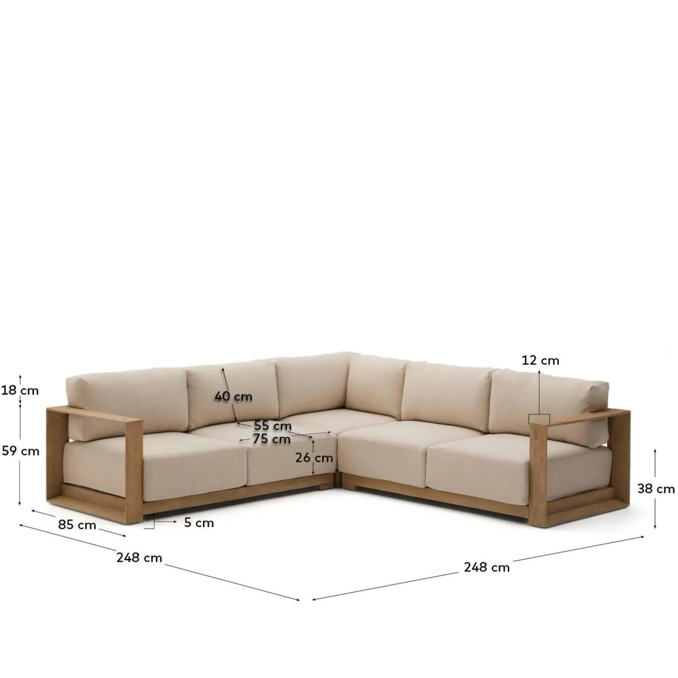 Kave Home 5-zitshoekbank Ambra Acaciahout 248cm