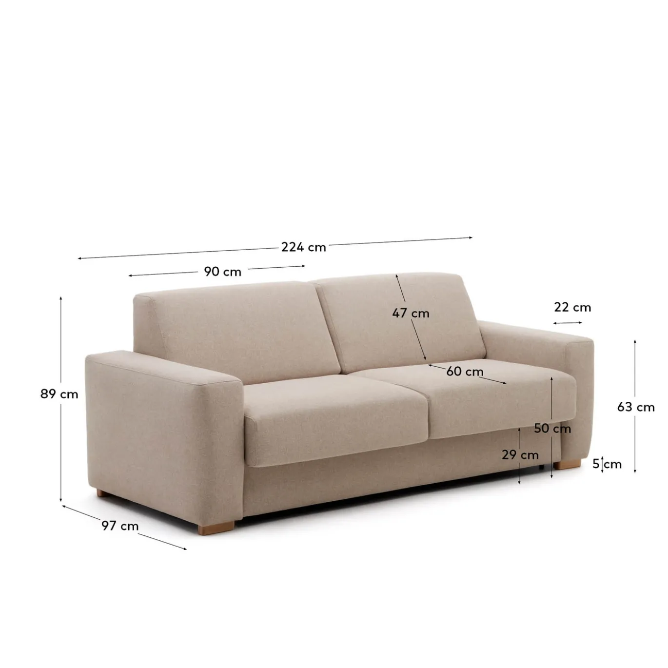Kave Home 3-zits Slaapbank Anley Beige 224cm