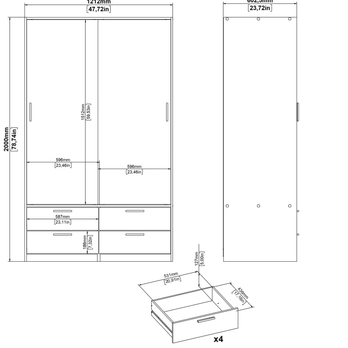 Kledingkast Line Naturel/Wit Hoogglans 2-schuifdeuren + 4-lades - Giga Living