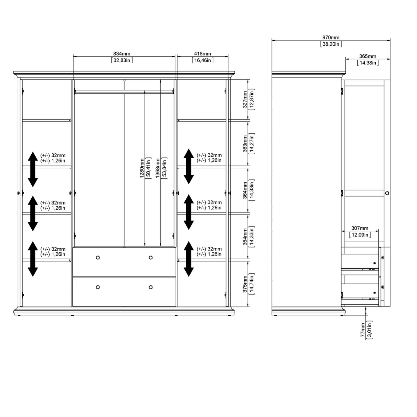 Kledingkast Paris Wit 4-deurs + 2-lades - Giga Living