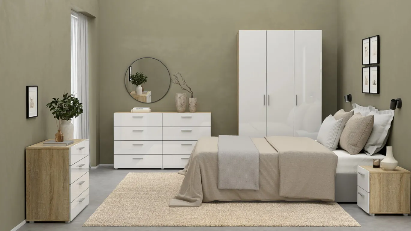 Kledingkast Pepe Naturel/Wit Hoogglans 3-deurs - Giga Living