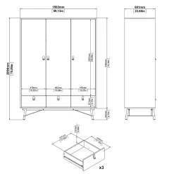 Kledingkast Ry Noten Mat Zwart 3-deurs + 3-lades - Giga Living