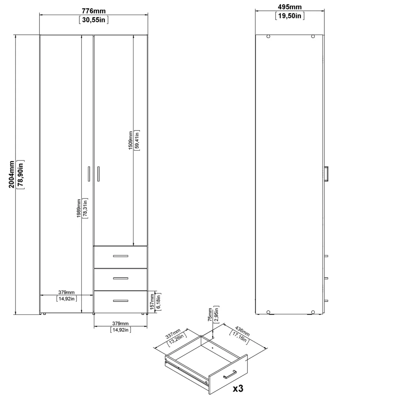 Kledingkast Space Wit 2-deurs + 3-lades 200cm - Giga Living