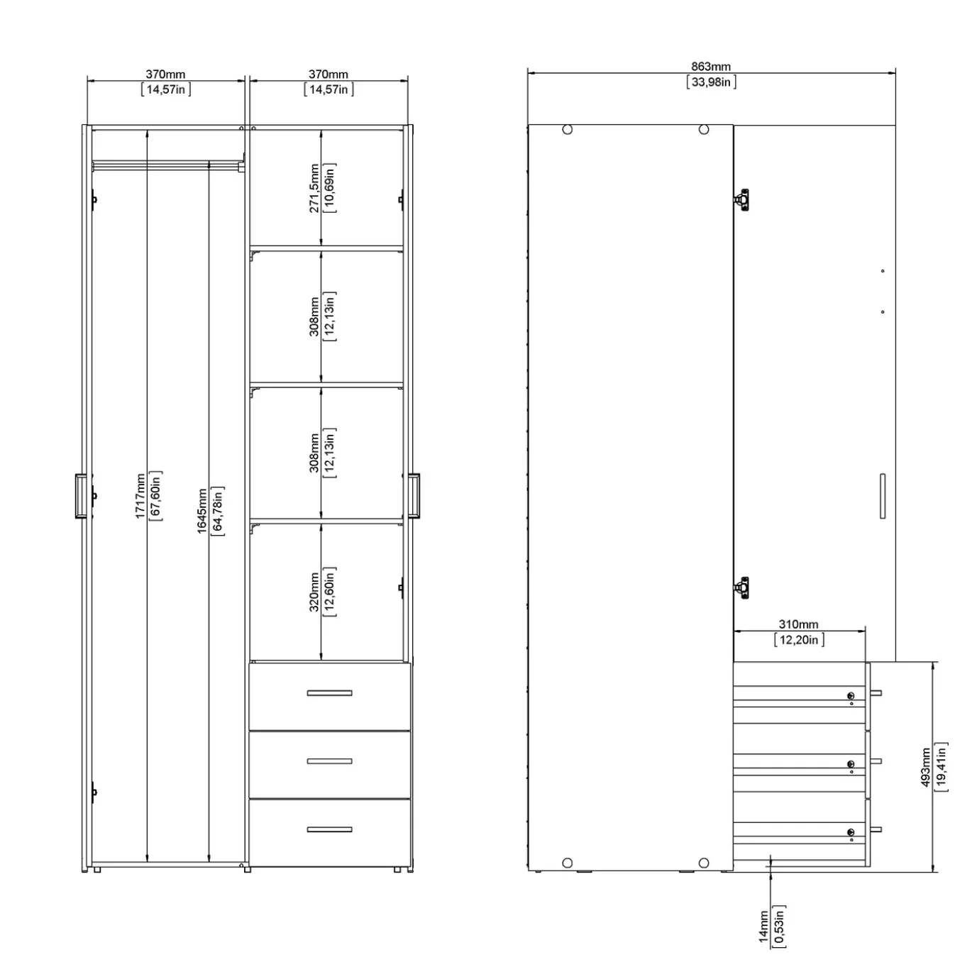 Kledingkast Space Wit 2-deurs + 3-lades 175cm - Giga Living