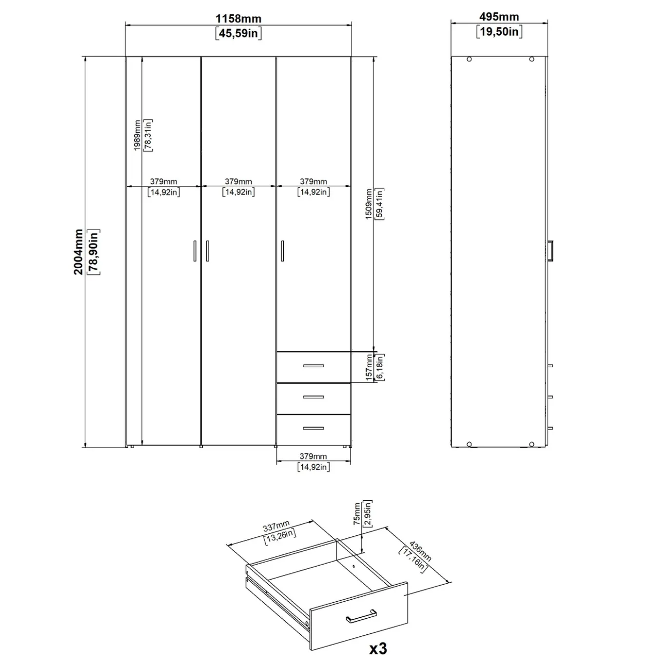 Kledingkast Space Wit Hoogglans 3-deurs + 3-lades - Giga Living