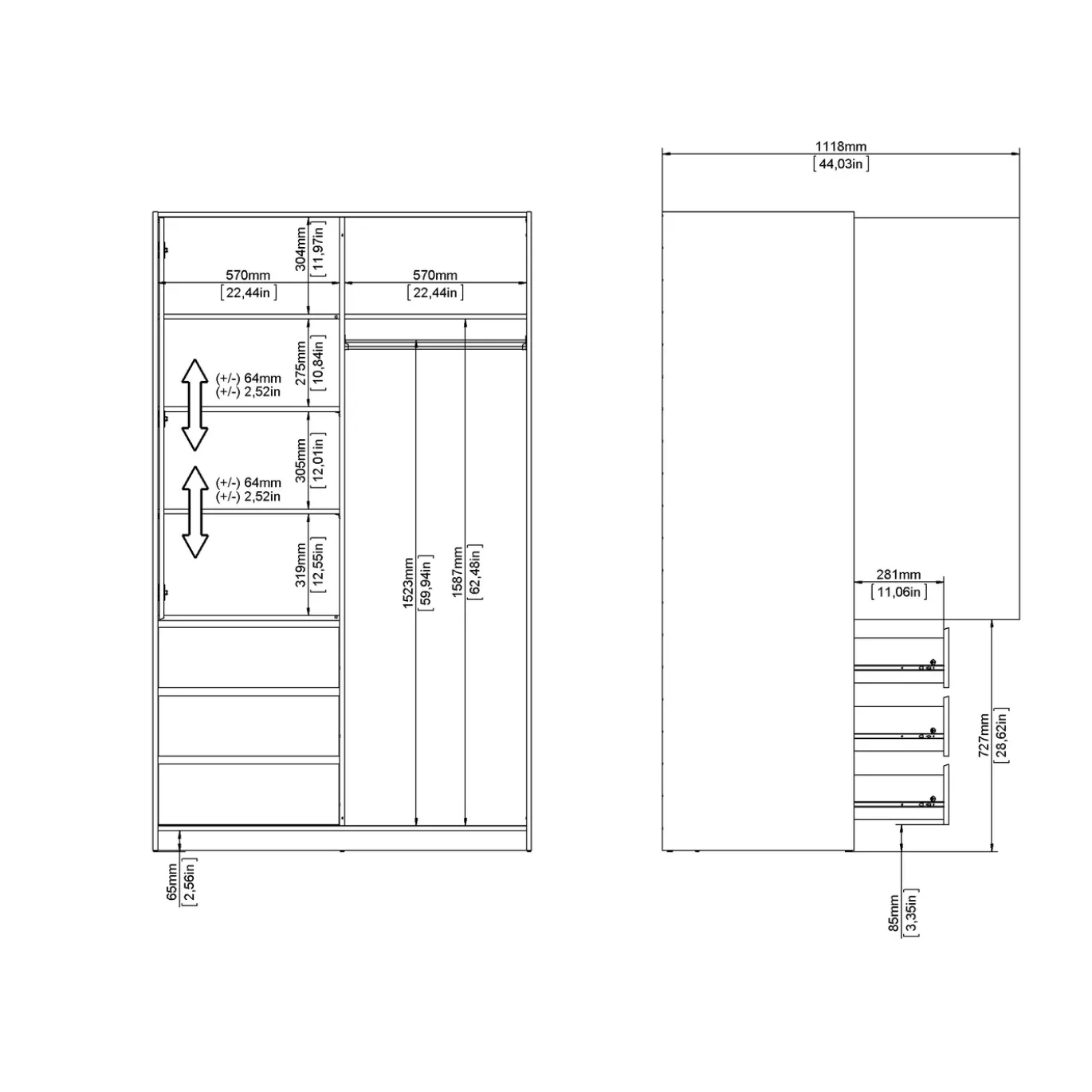Kledingkast Ylva met 1 Schuifdeur + 1 deur + 3 lades Wit - Giga Living