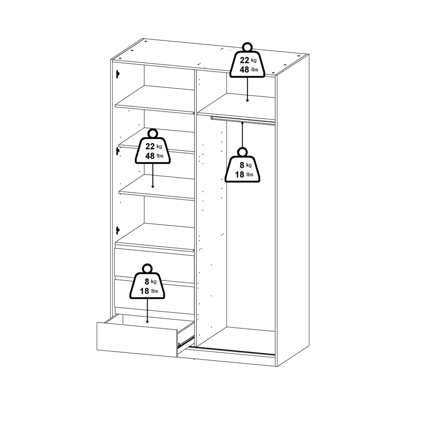 Kledingkast Ylva met 1 Schuifdeur + 1 deur + 3 lades Hickory - Giga Living