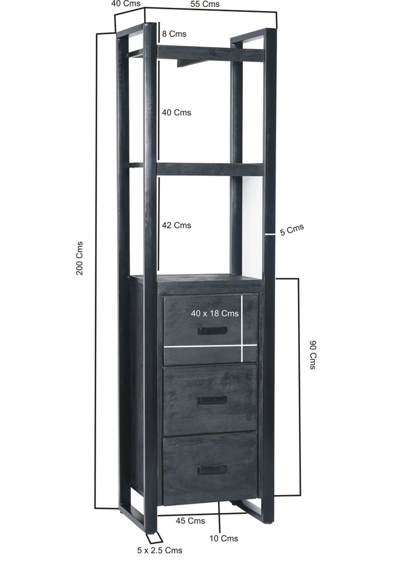 Livingfurn Boekenkast Norris Zwart 3 Laden 55x200cm