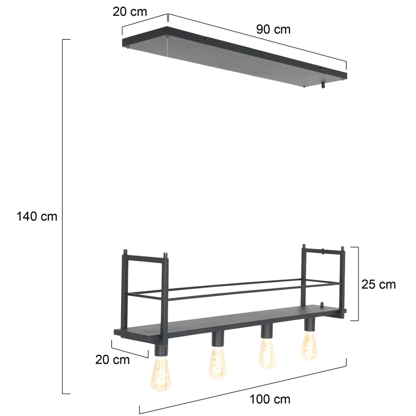 Mexlite Hanglamp Buckley met plateau 4-Lichts Zwart