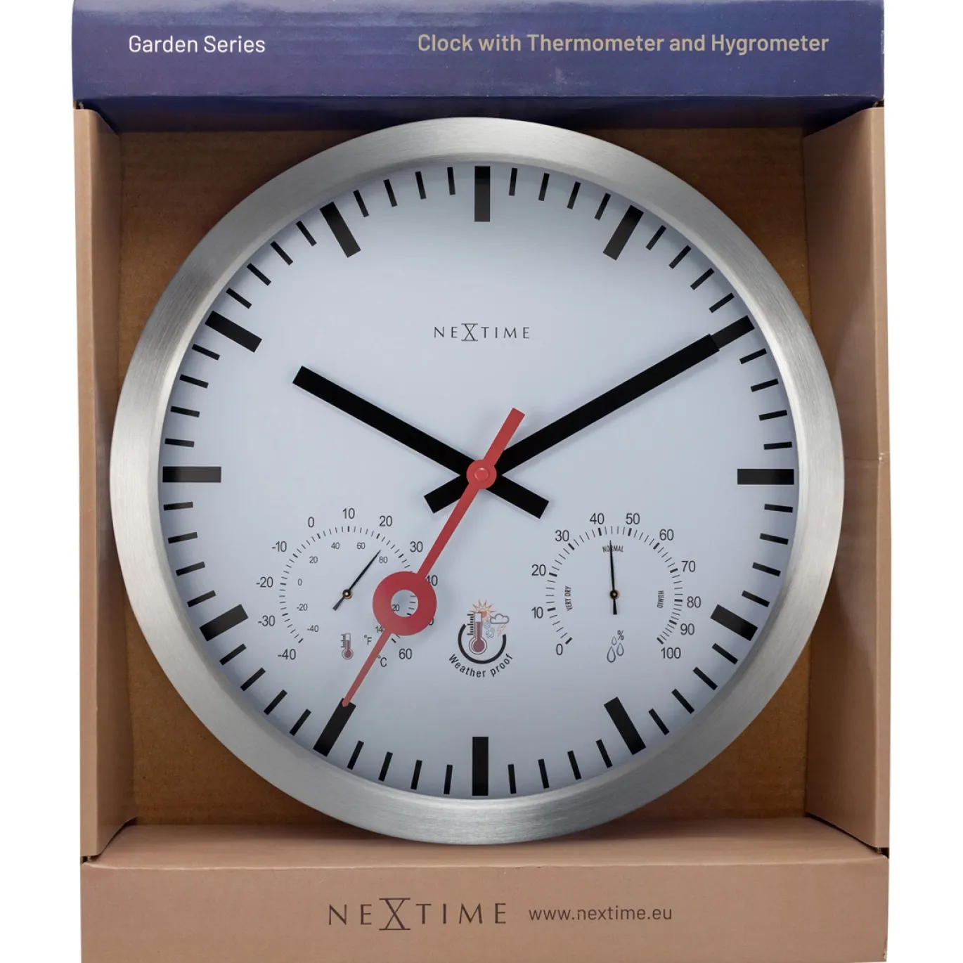 NeXtime Wandklok/Weerstation Clematis Weerbestendig Stripe Wit Ø35cm