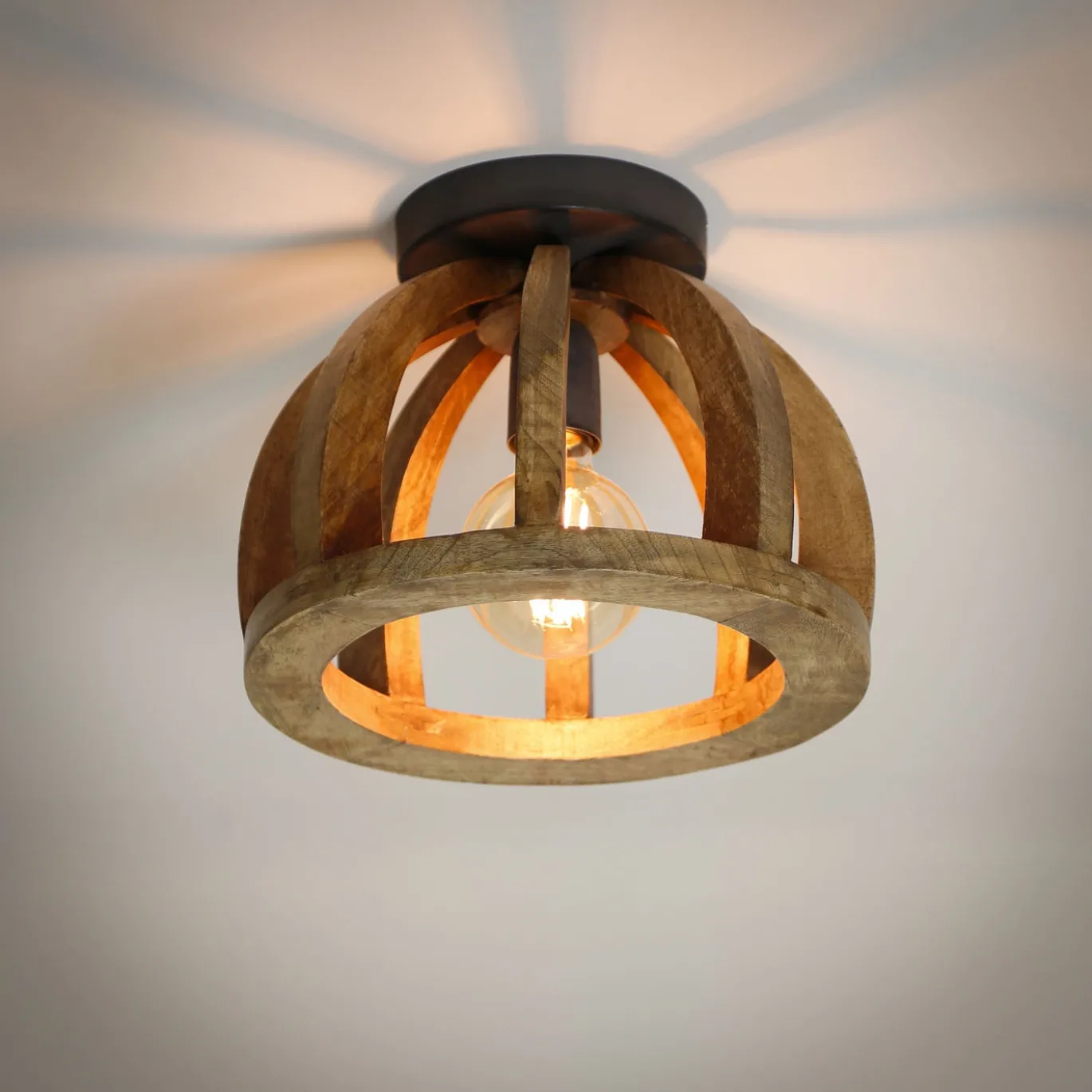 Plafondlamp Gebogen Houten Spijl Massief Mango Naturel - Giga Meubel