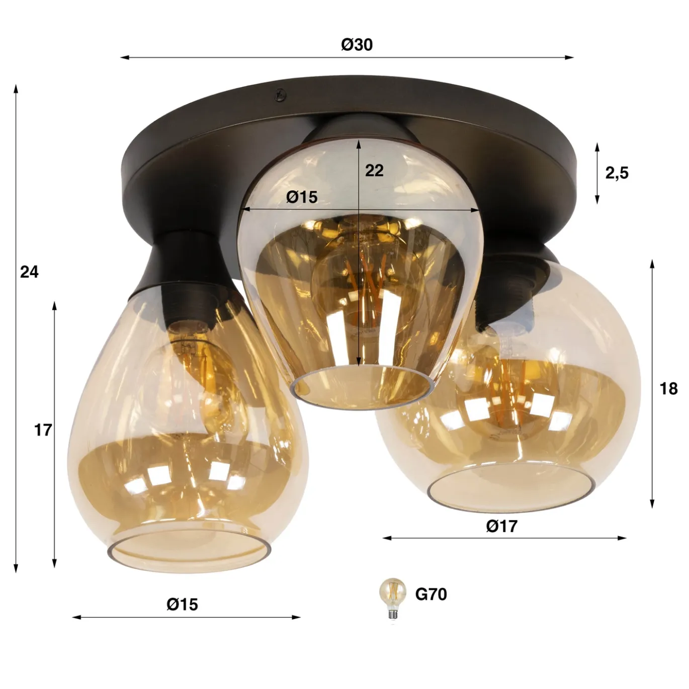 Plafondlamp Mix 3-lichts Amber Glas - Giga Meubel