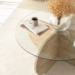 Salontafel Bubble Glas/Travertinlook Ø75cm