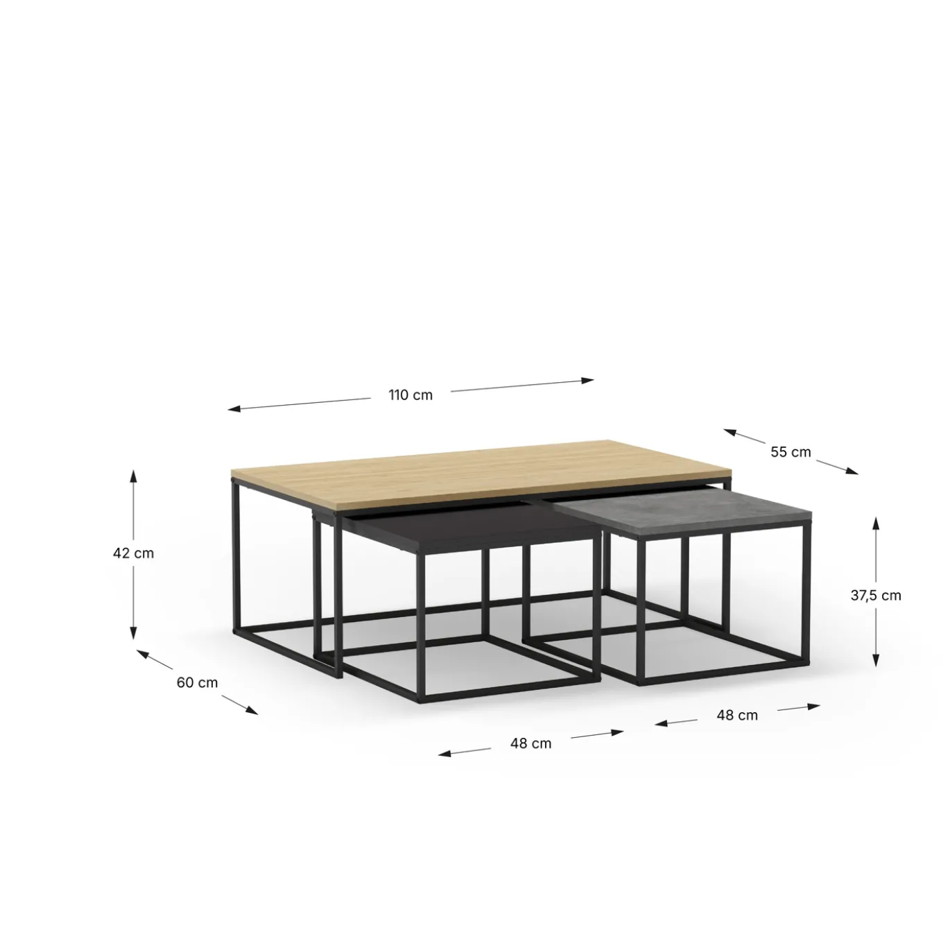 Salontafel Camelia Set van 3 Eiken/retro Grijs/silky Zwart - Giga Meubel