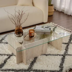 Salontafel Flavio Glas/Travertinlook