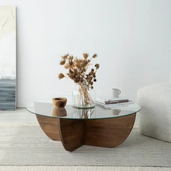 Salontafel Lily Glas Dennenhout Walnoot Ø90cm
