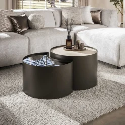 Salontafel Metal Half Moon Set Van 2 3d Keramiek Travertin - Giga Meubel