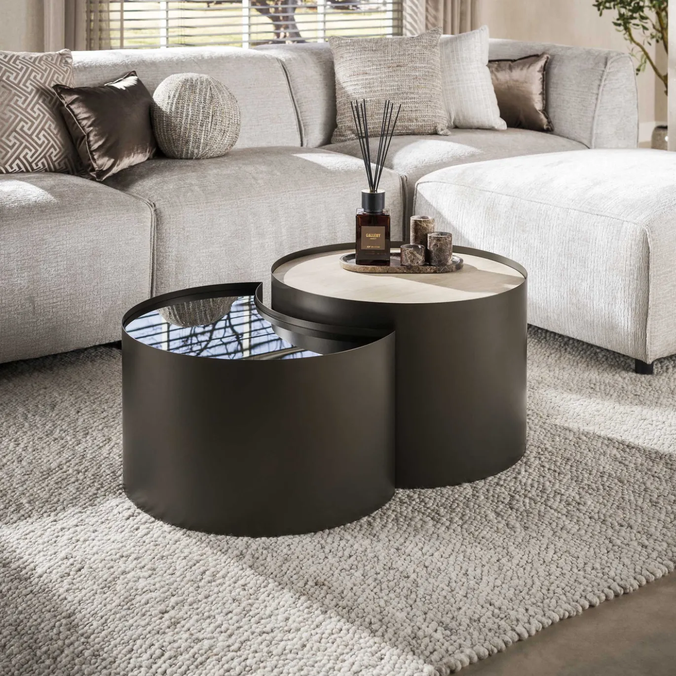Salontafel Metal Half Moon Set Van 2 3d Keramiek Travertin - Giga Meubel