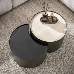 Salontafel Metal Half Moon Set Van 2 3d Keramiek Travertin - Giga Meubel
