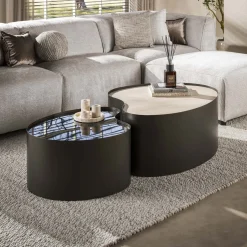 Salontafel Metal Organisch Set Van 2 3d Keramiek Travertin - Giga Meubel