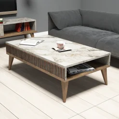Salontafel Milan Wit Marmerlook/Walnoot 105cm