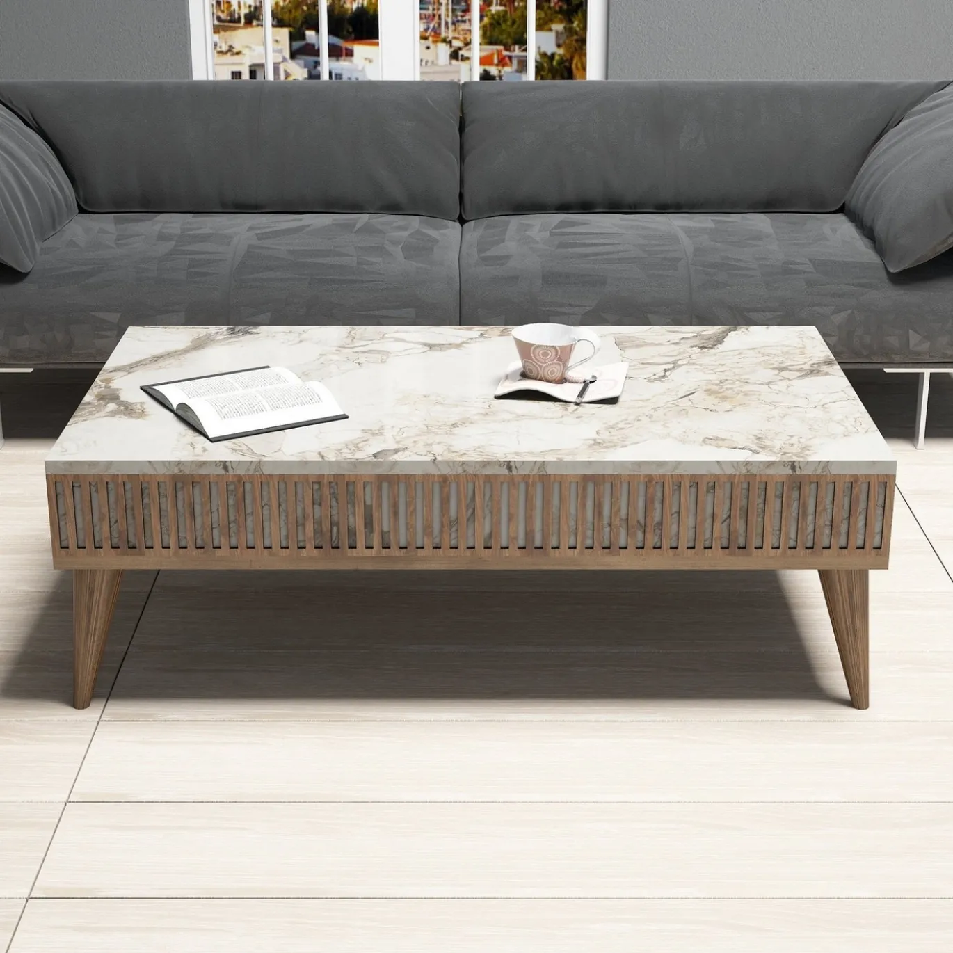 Salontafel Milan Wit Marmerlook/Walnoot 105cm