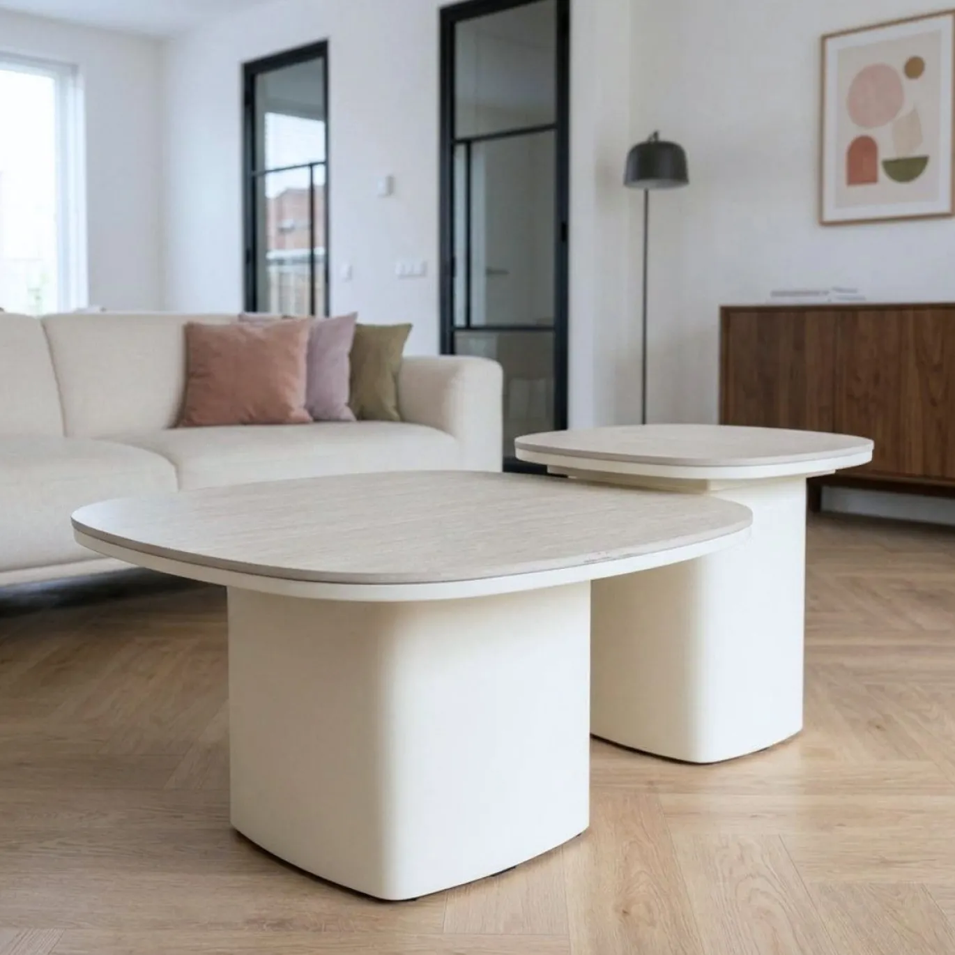 Salontafel Miles Beige Travertinlook Set van 2 - Giga Meubel