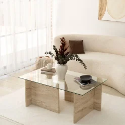 Salontafel New Escape Glas/Travertinlook 105cm