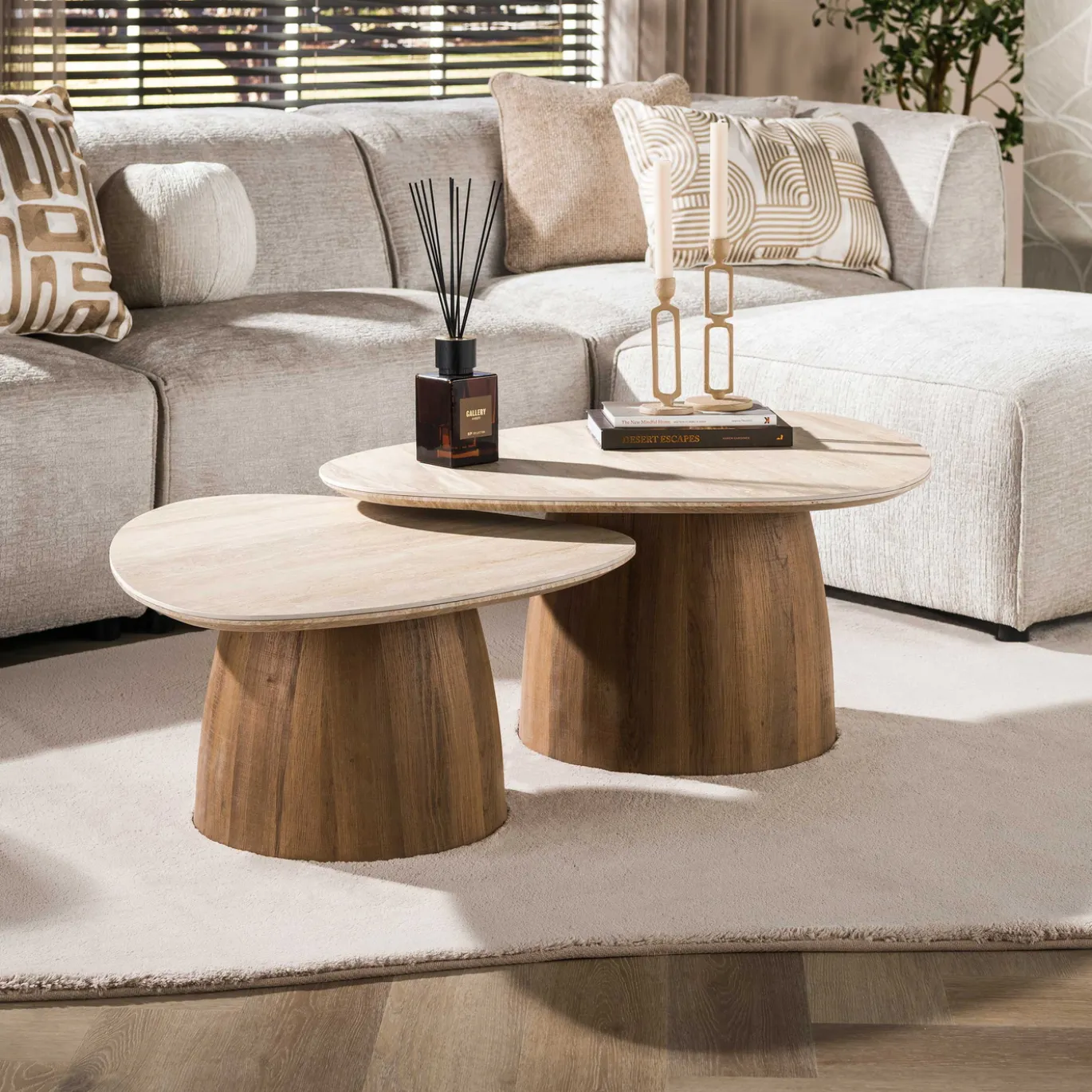 Salontafel Romano Driehoekig Keramiek Travertin Set Van 2 - Giga Meubel