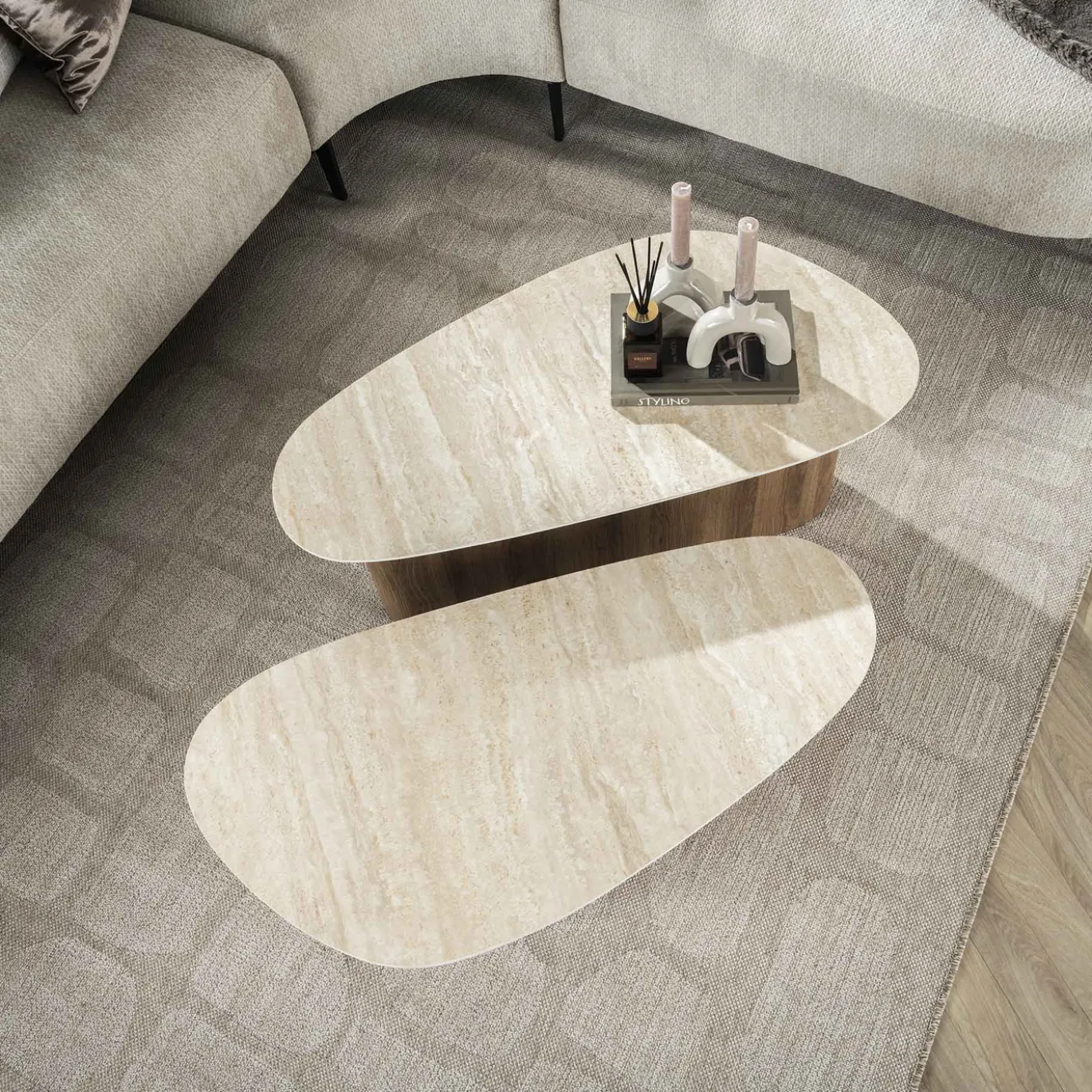 Salontafel Romano Driehoek Travertinlook Set van 2 - Giga Meubel