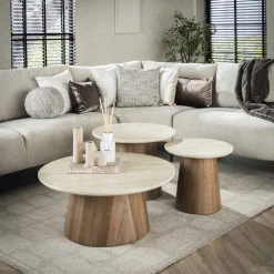 Salontafel Romano Rond Taps Travertinlook Set van 3 - Giga Meubel
