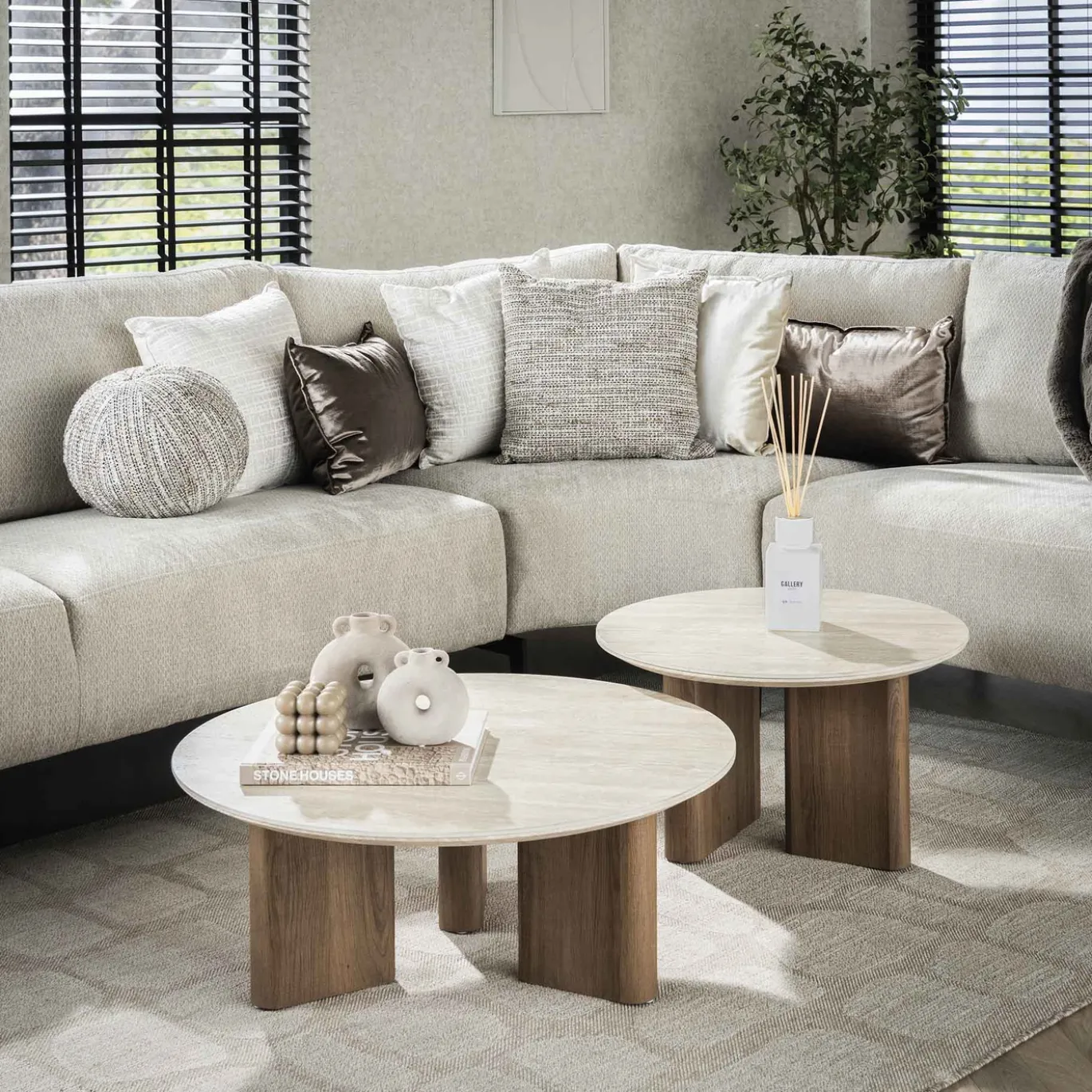 Salontafel Romano Rond Travertinlook Set van 2 - Giga Meubel