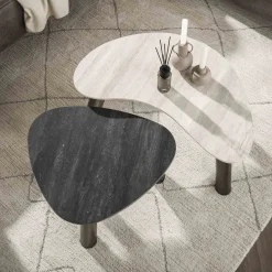 Salontafel Twin Organisch Set van 2 3d Keramiek Travertin Zwart/grijs - Giga Meubel