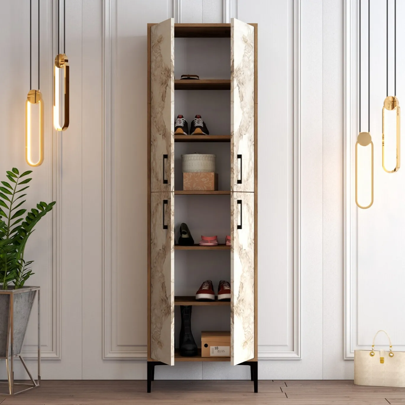 Schoenenkast Berlin Melamine Walnoot Wit Marmerlook