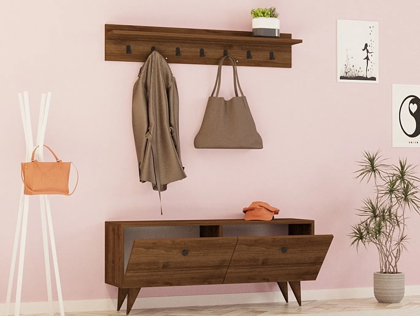 Schoenenkast + Kapstok Rupa Melamine Walnoot