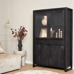 StarFurn Vitrinekast Boaz Zwart Mangohout 115cm