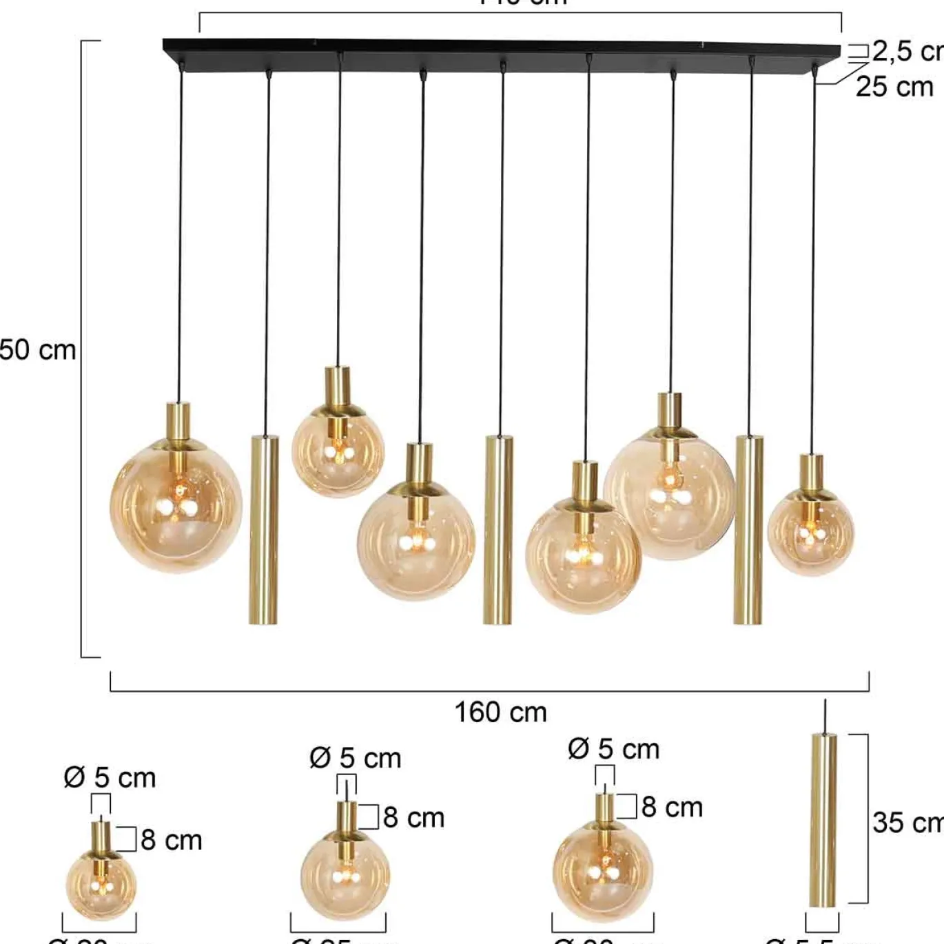 Steinhauer Hanglamp Bollique met Lichtkokers 9-Lichts Messing