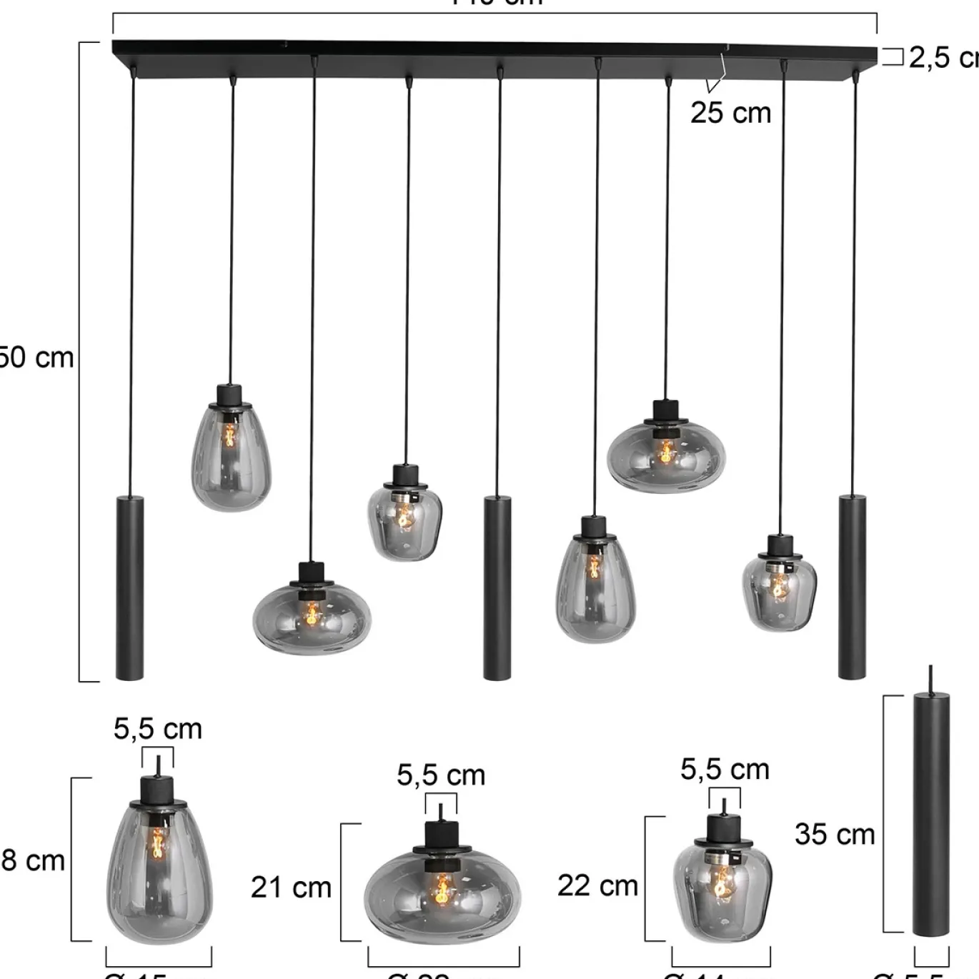 Steinhauer Hanglamp Reflexion met Lichtkokers 9-Lichts Zwart