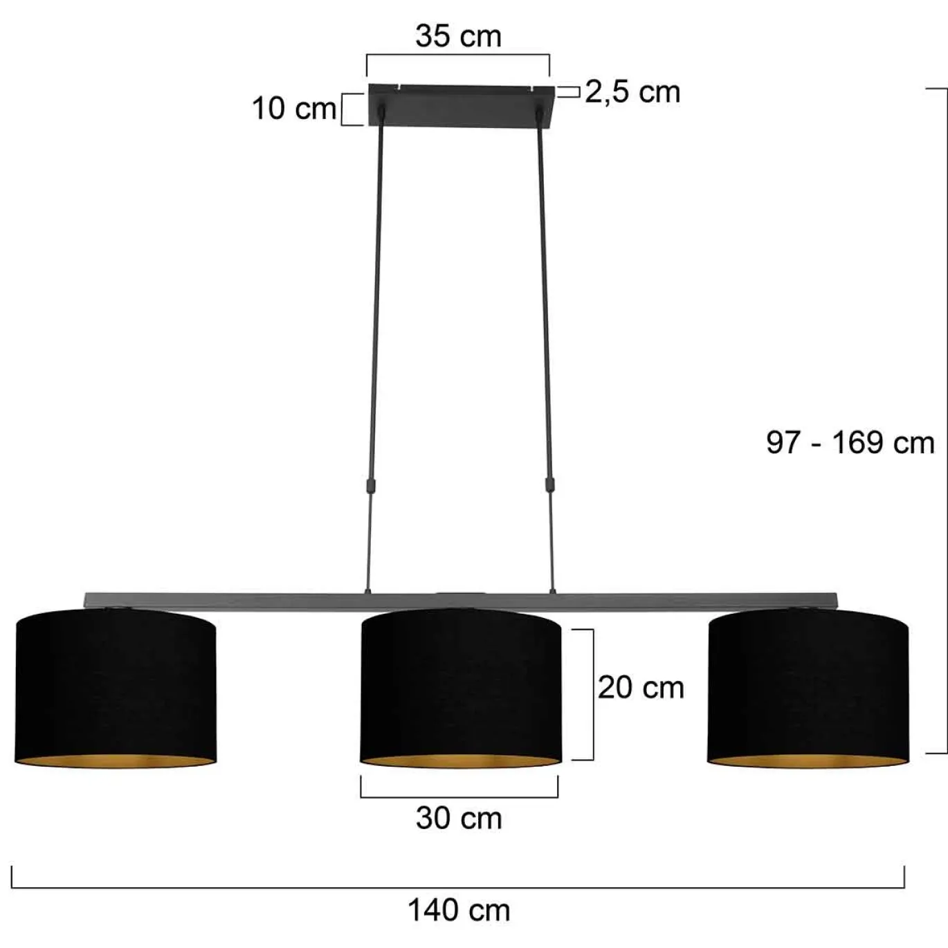 Steinhauer Hanglamp Stang 3-Lichts Linnen Zwart/Goud