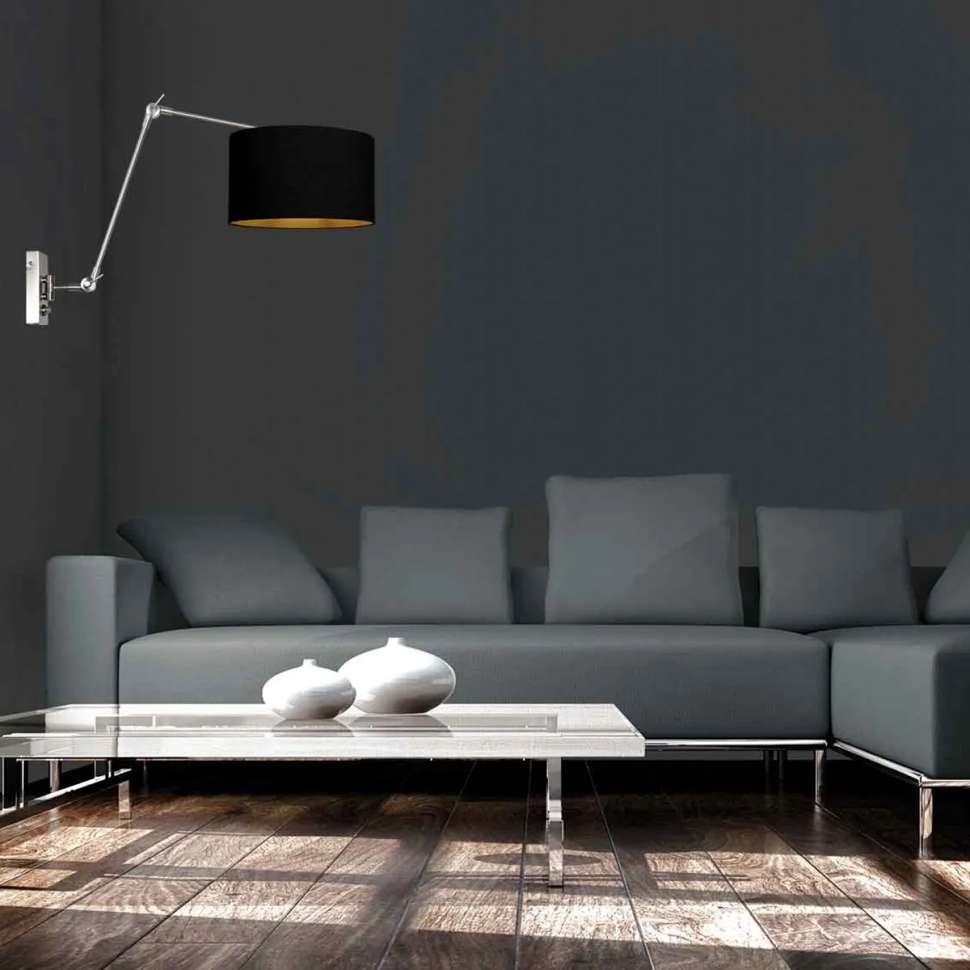Steinhauer Wandlamp Prestige Chic Grijs Linnen Zwart/Goud