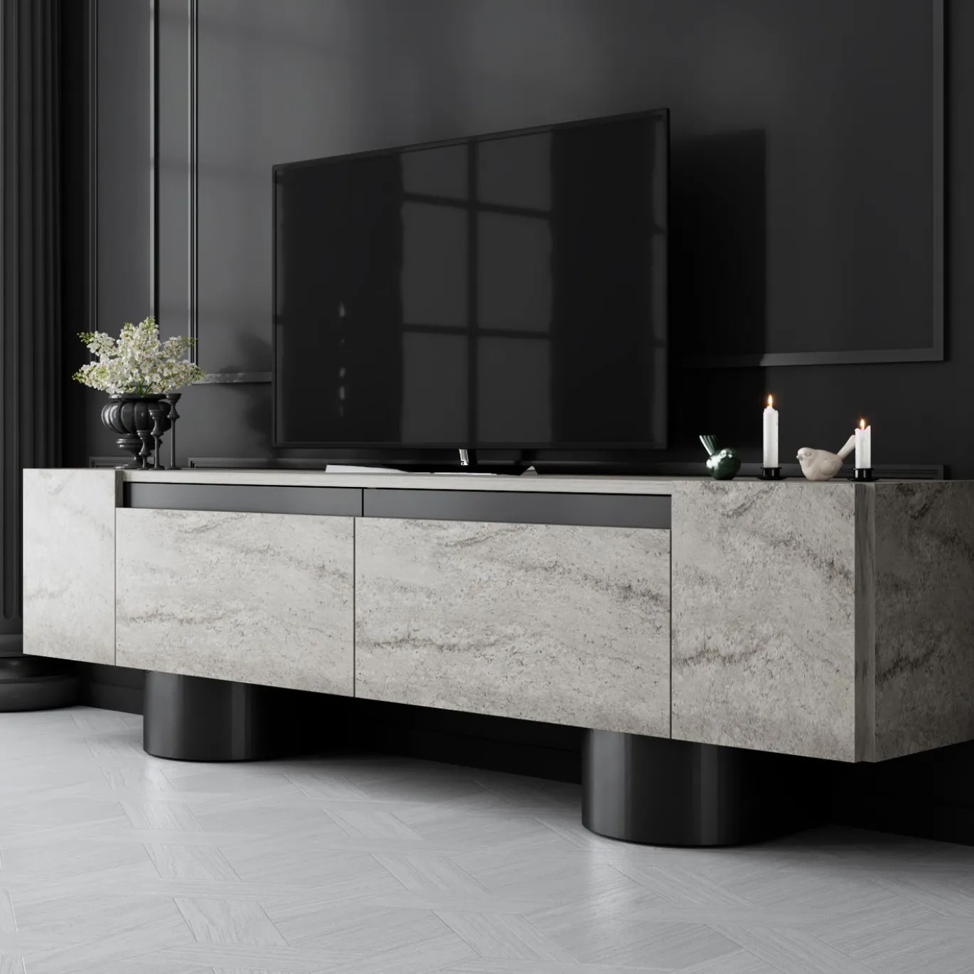 Tv-meubel Bohem Travertinlook/Zwart 180cm