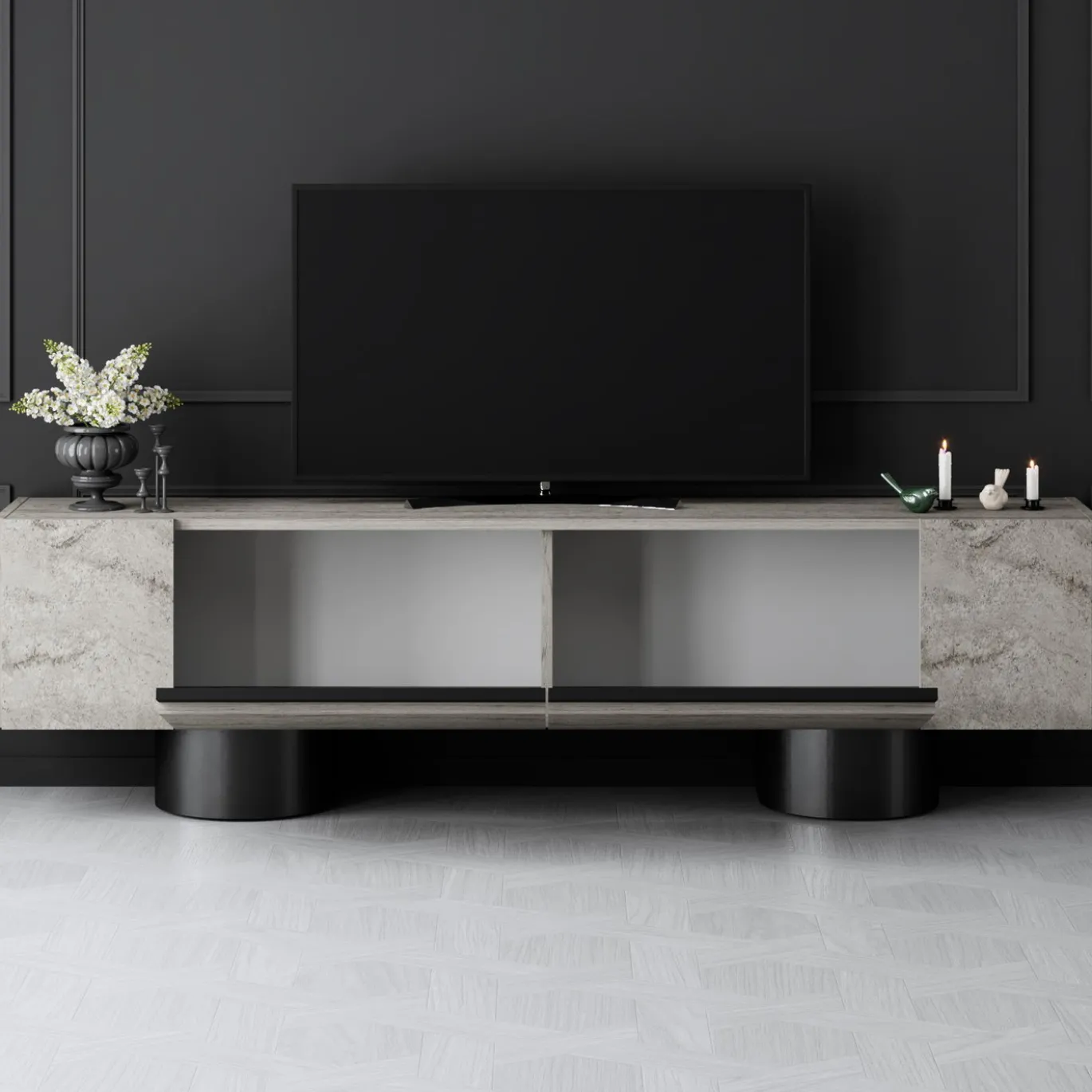Tv-meubel Bohem Travertinlook/Zwart 180cm
