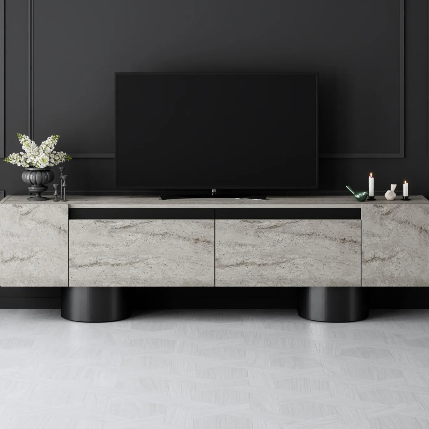 Tv-meubel Bohem Travertinlook/Zwart 180cm