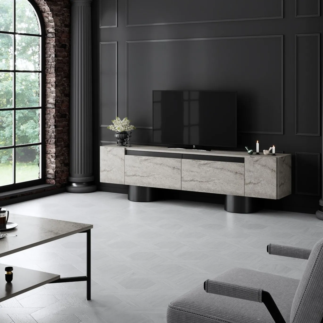 Tv-meubel Bohem Travertinlook/Zwart 180cm