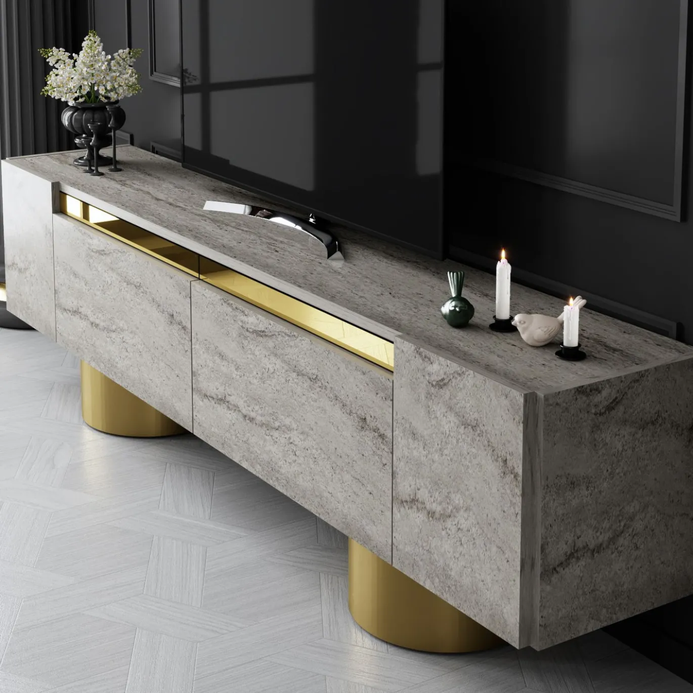Tv-meubel Bohem Travertinlook/Goud 180cm
