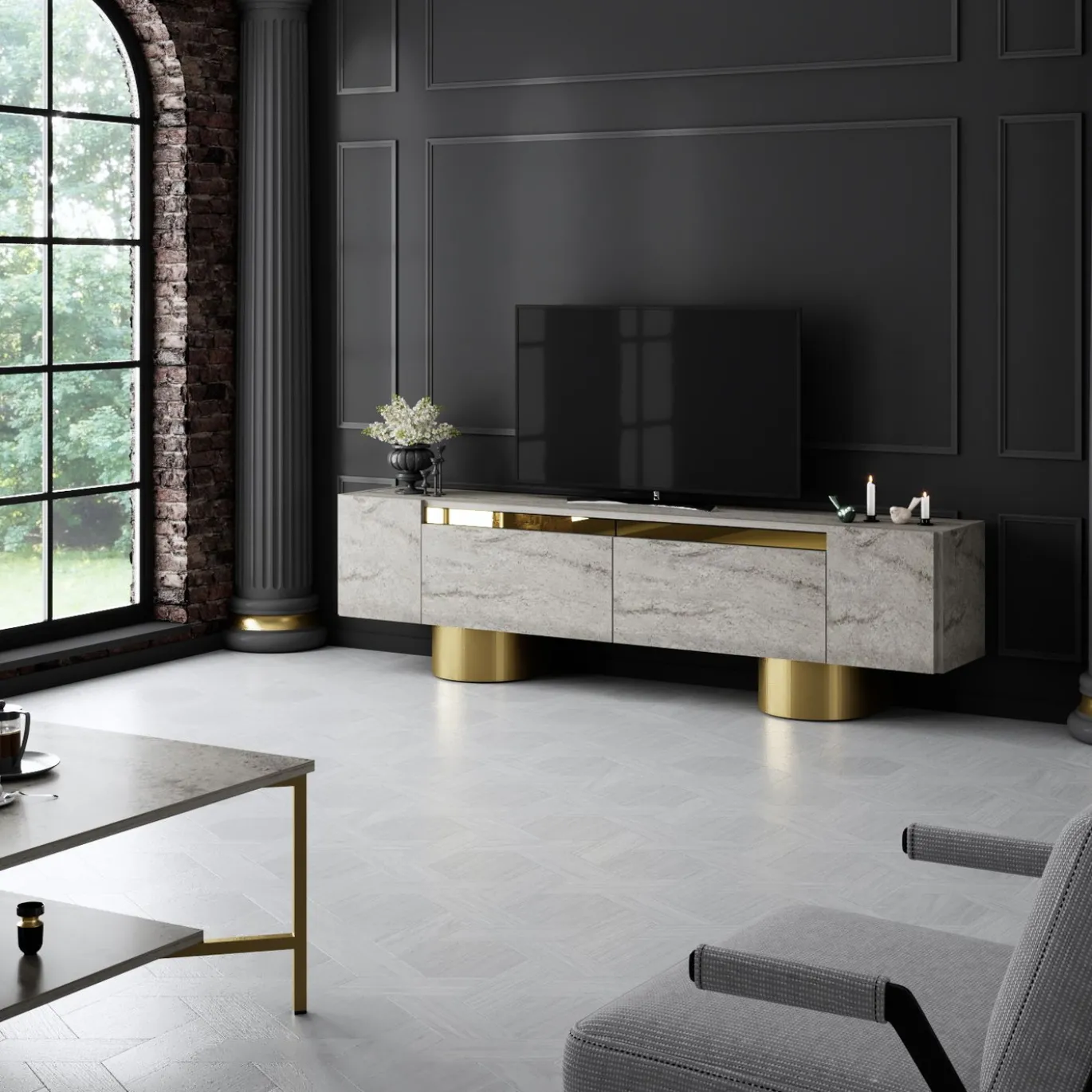 Tv-meubel Bohem Travertinlook/Goud 180cm