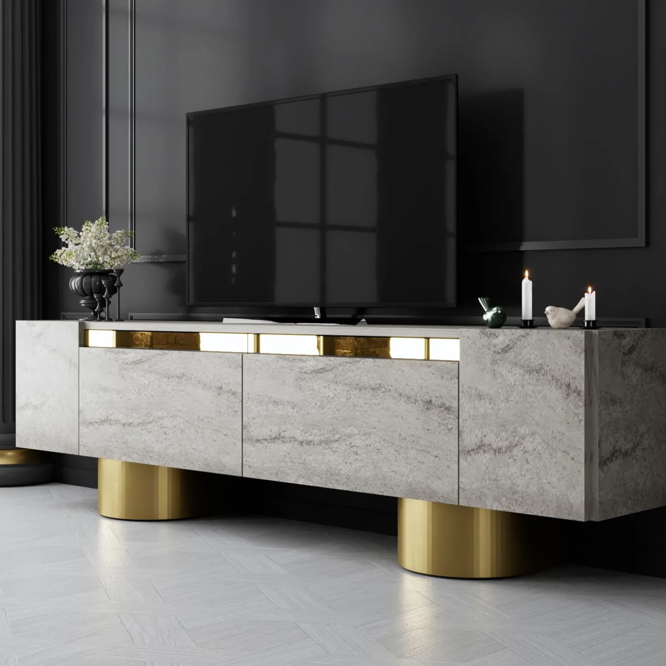 Tv-meubel Bohem Travertinlook/Goud 180cm